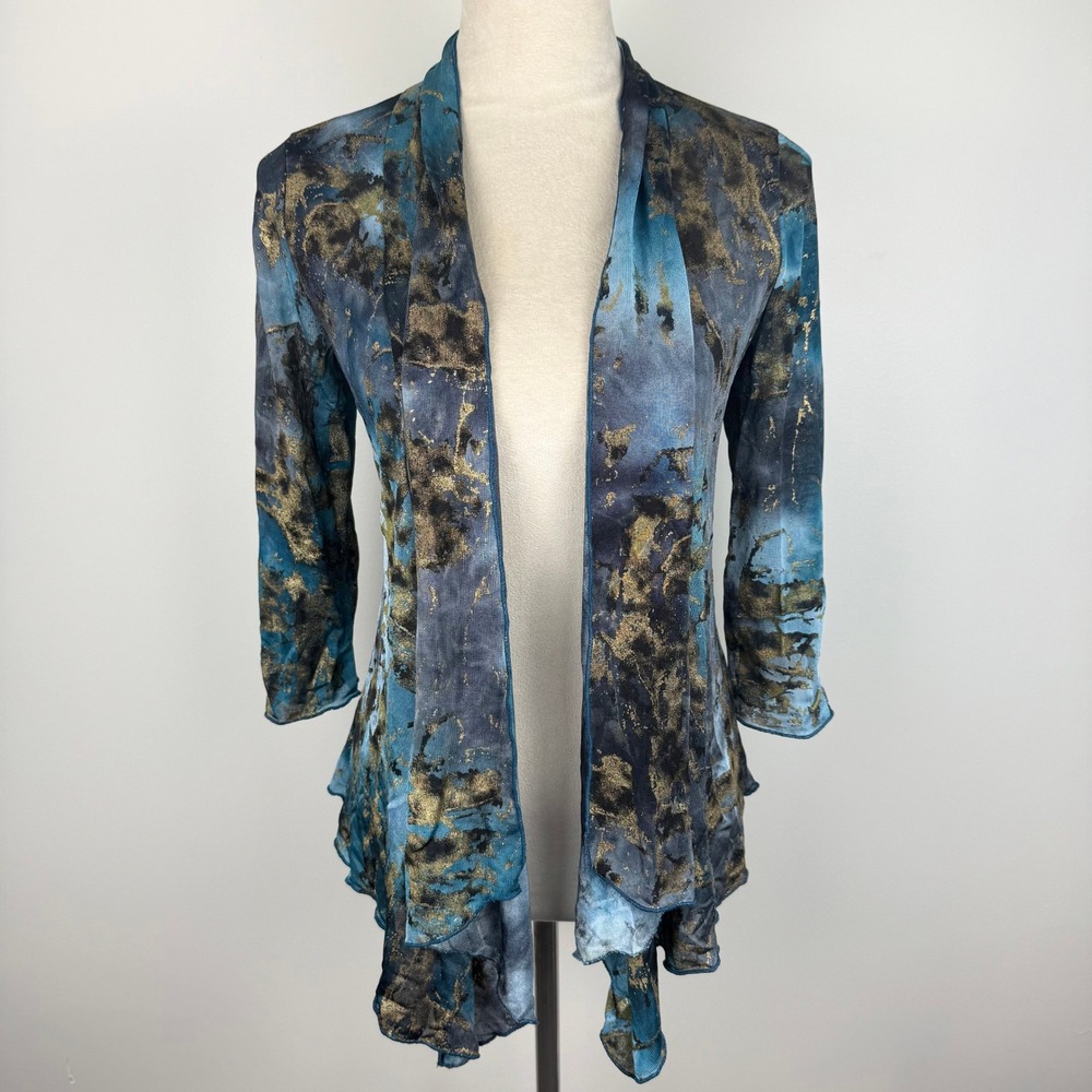 Daytrip Teal Blue Gold Foil Abstract Marble Open Front Cardigan Sz Medium Womens